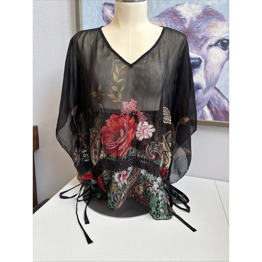 Magazine Women's‎ Small Sheer Black Floral Synched Waist Flowy Blouse